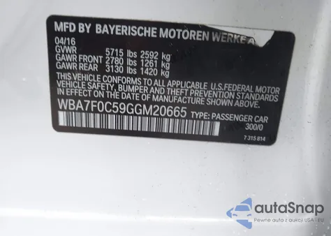 2016 BMW 750I z USA, uszkodzony, nr VIN WBA7F0C59GGM20665